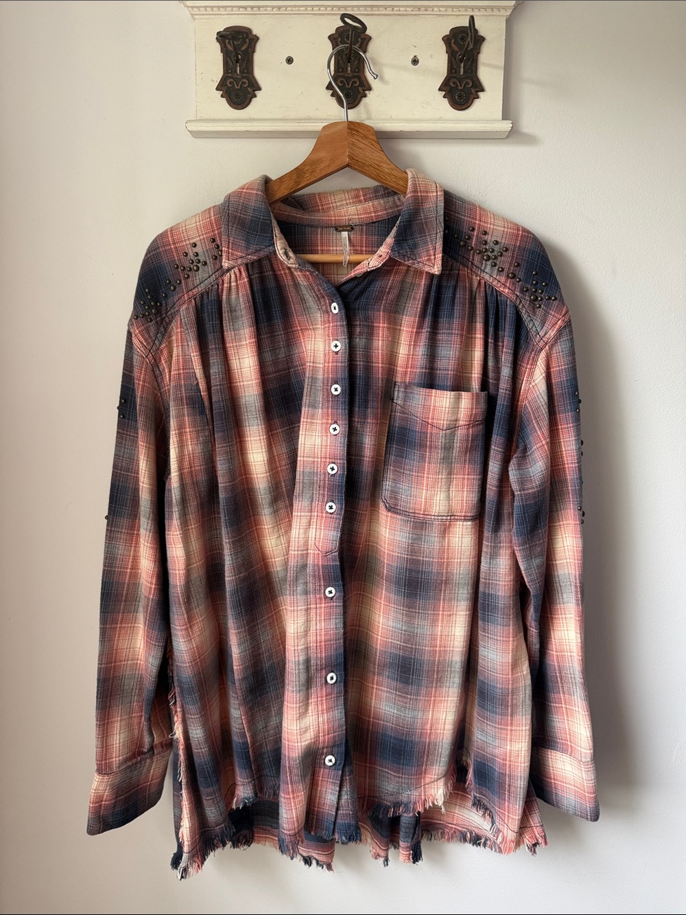Free People Men's Plaid Button-Down Shirt in Coral and Navy